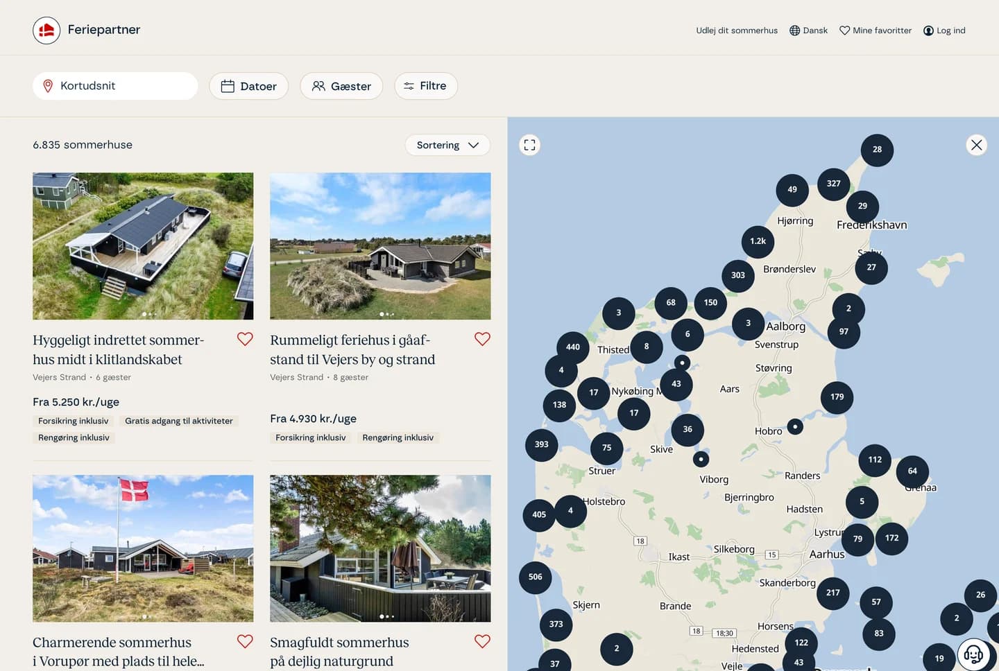 A holiday home search, with a scrolling list of house cards beside a map of Denmark marked with clustered result counts.