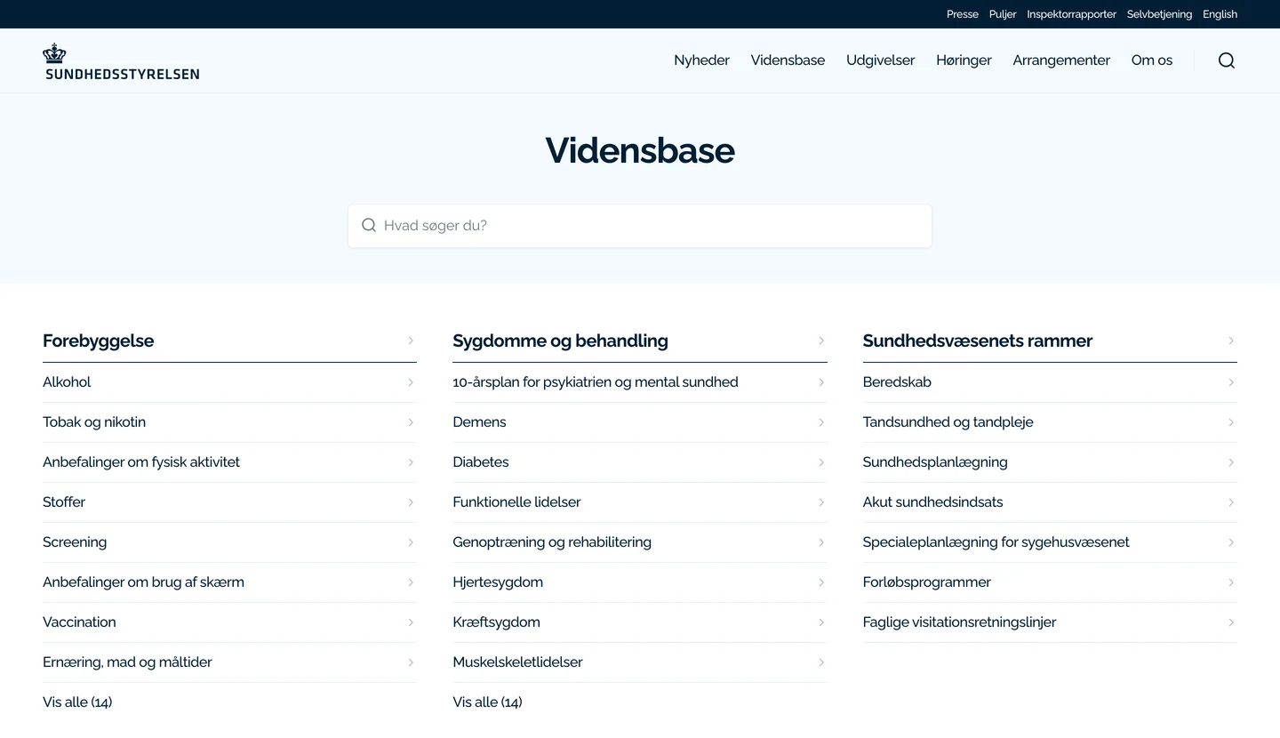 The Sundhedsstyrelsen knowledge base, with a search field above three columns of health topics.