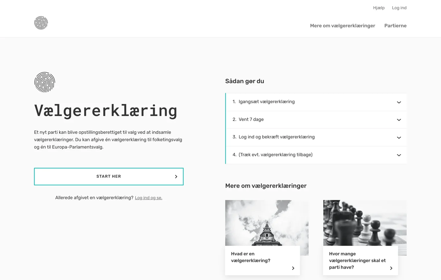 The Vælgererklæring landing page, with a start button beside the four numbered steps for giving a voter declaration.