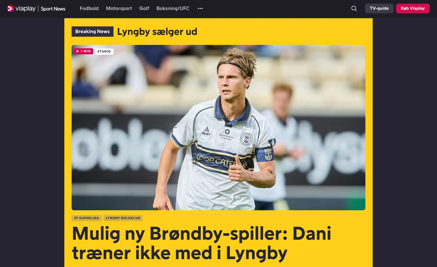 The Viaplay Sport News front page, led by a yellow breaking news block holding a video and a headline.