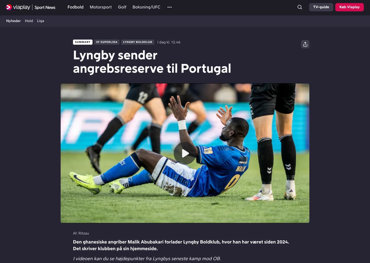 A Viaplay Sport News story page with tags, a summary and a video player.